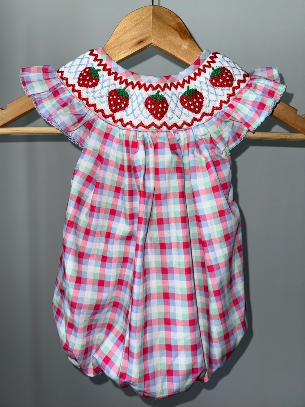Smocked Strawberry Gingham Bubble Romper